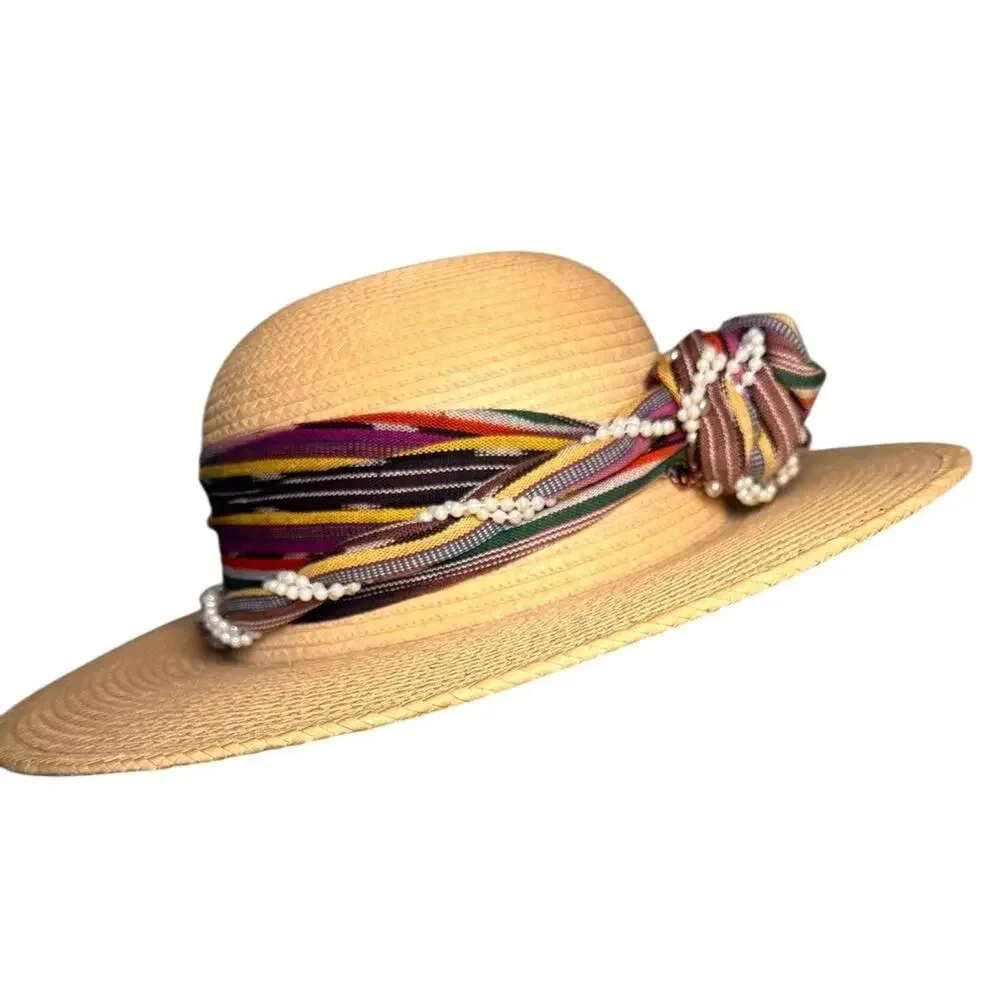La Giralda Handcrafted Palm Leaves Sun Hat Sz 60 Multicolor Knot 90s Boho Resort - Picture 2 of 13